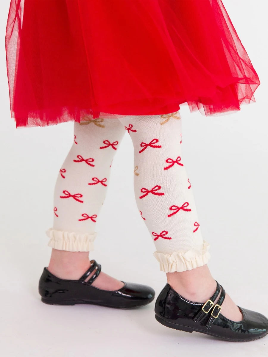 Footless Ruffle Tights in Red Sparkle Bow  - Doodlebug's Children's Boutique