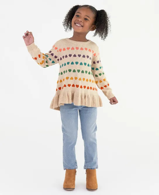 Rainbow Hearts Ruffle Hem Sweater  - Doodlebug's Children's Boutique