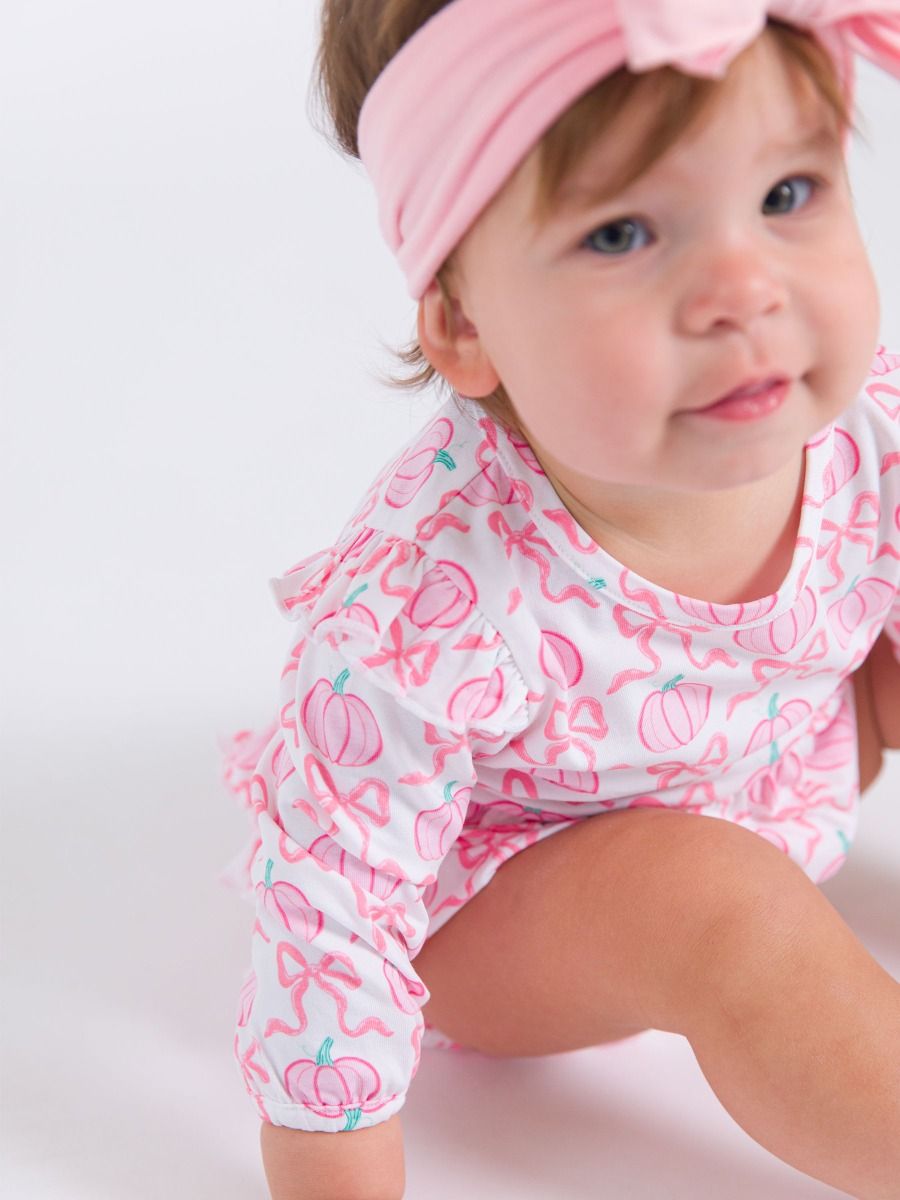 Pink Fairytale Pumpkins Knit Ruffle Bubble Romper