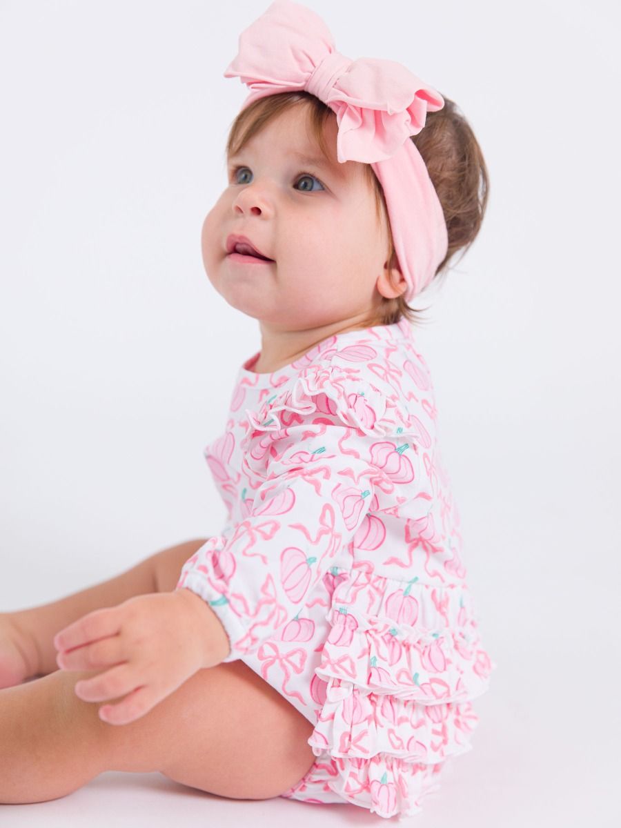 Pink Fairytale Pumpkins Knit Ruffle Bubble Romper