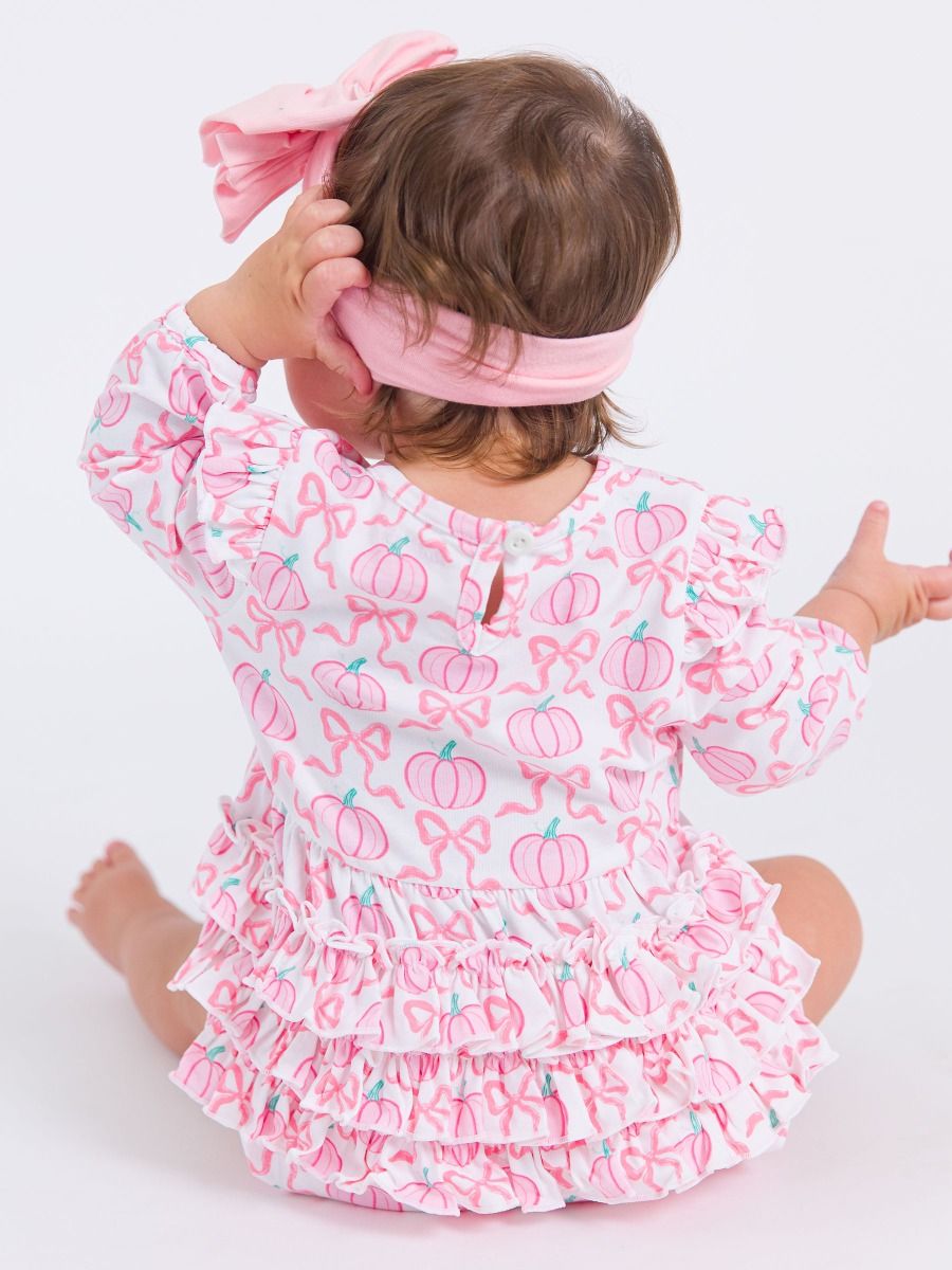 Pink Fairytale Pumpkins Knit Ruffle Bubble Romper