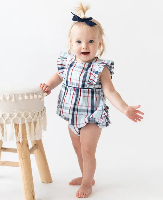 Waterfall Bubble Romper Woven in Liberty Plaid  - Doodlebug's Children's Boutique