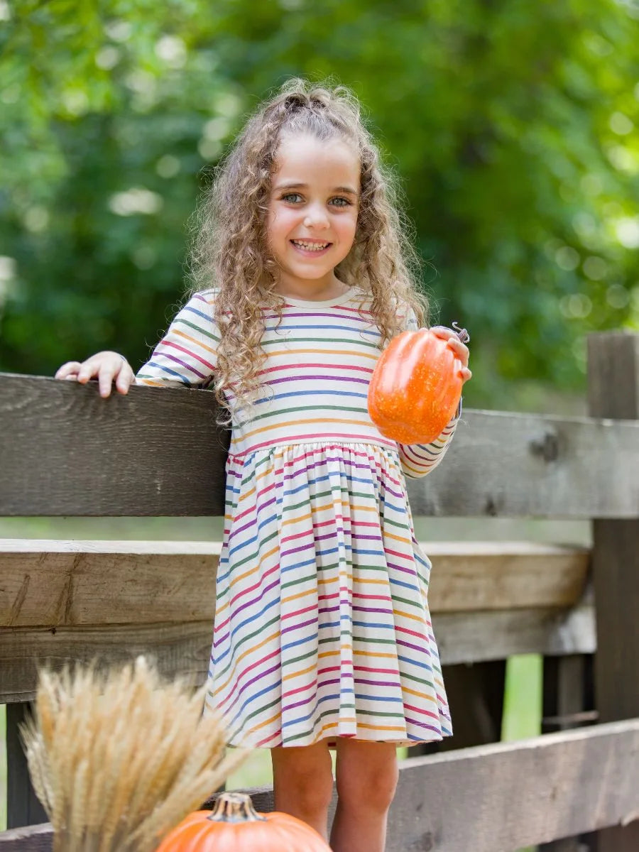 Countryside Rainbow Stripe Long Sleeve Twirl Dress  - Doodlebug's Children's Boutique