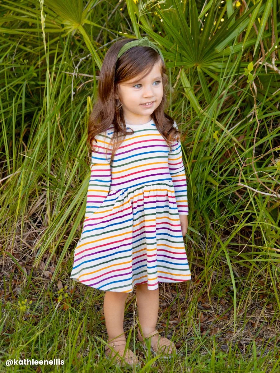 Countryside Rainbow Stripe Long Sleeve Twirl Dress  - Doodlebug's Children's Boutique