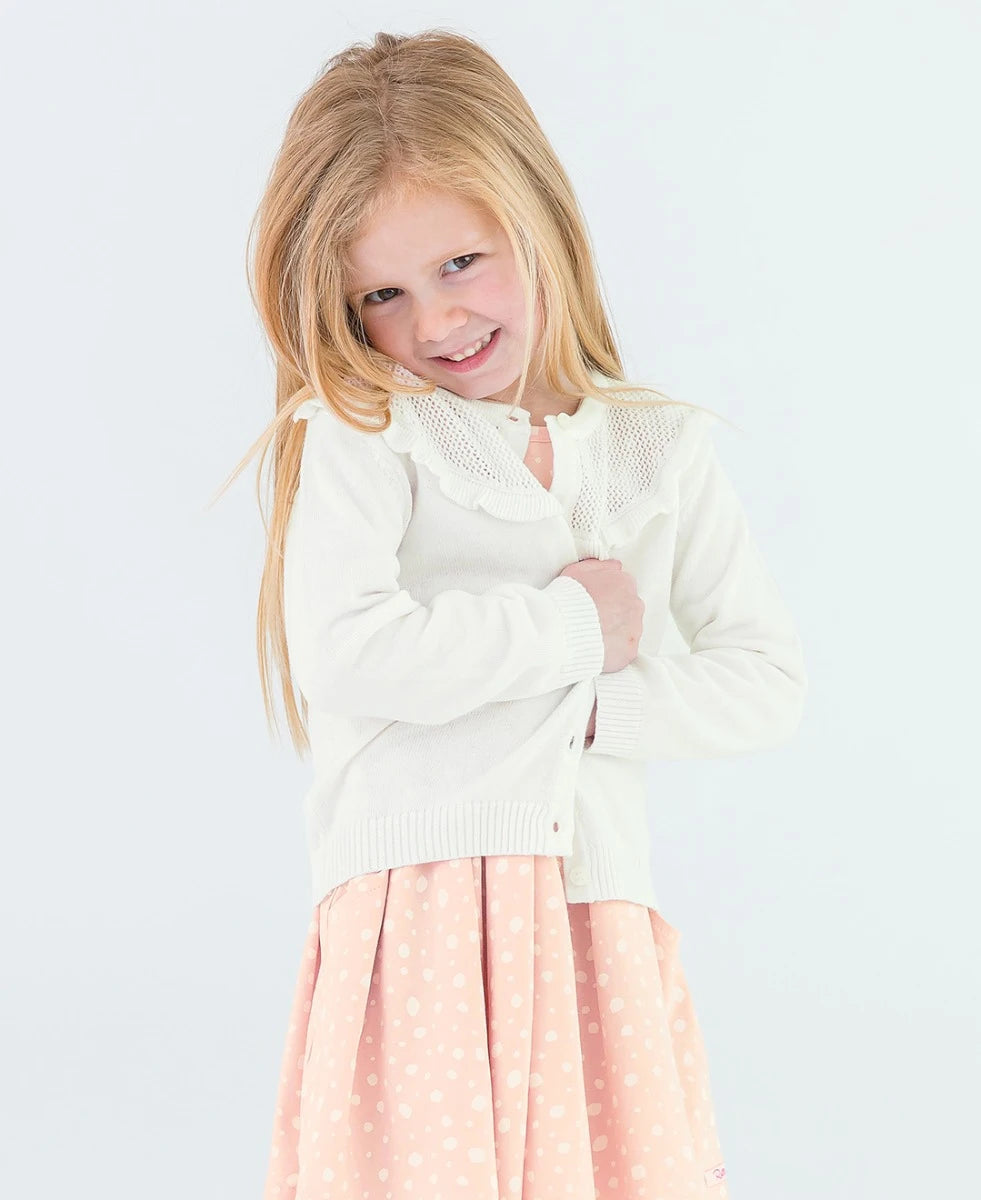 Off-White Ruffle Trim Cardigan  - Doodlebug's Children's Boutique