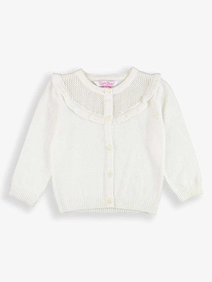 Off-White Ruffle Trim Cardigan  - Doodlebug's Children's Boutique