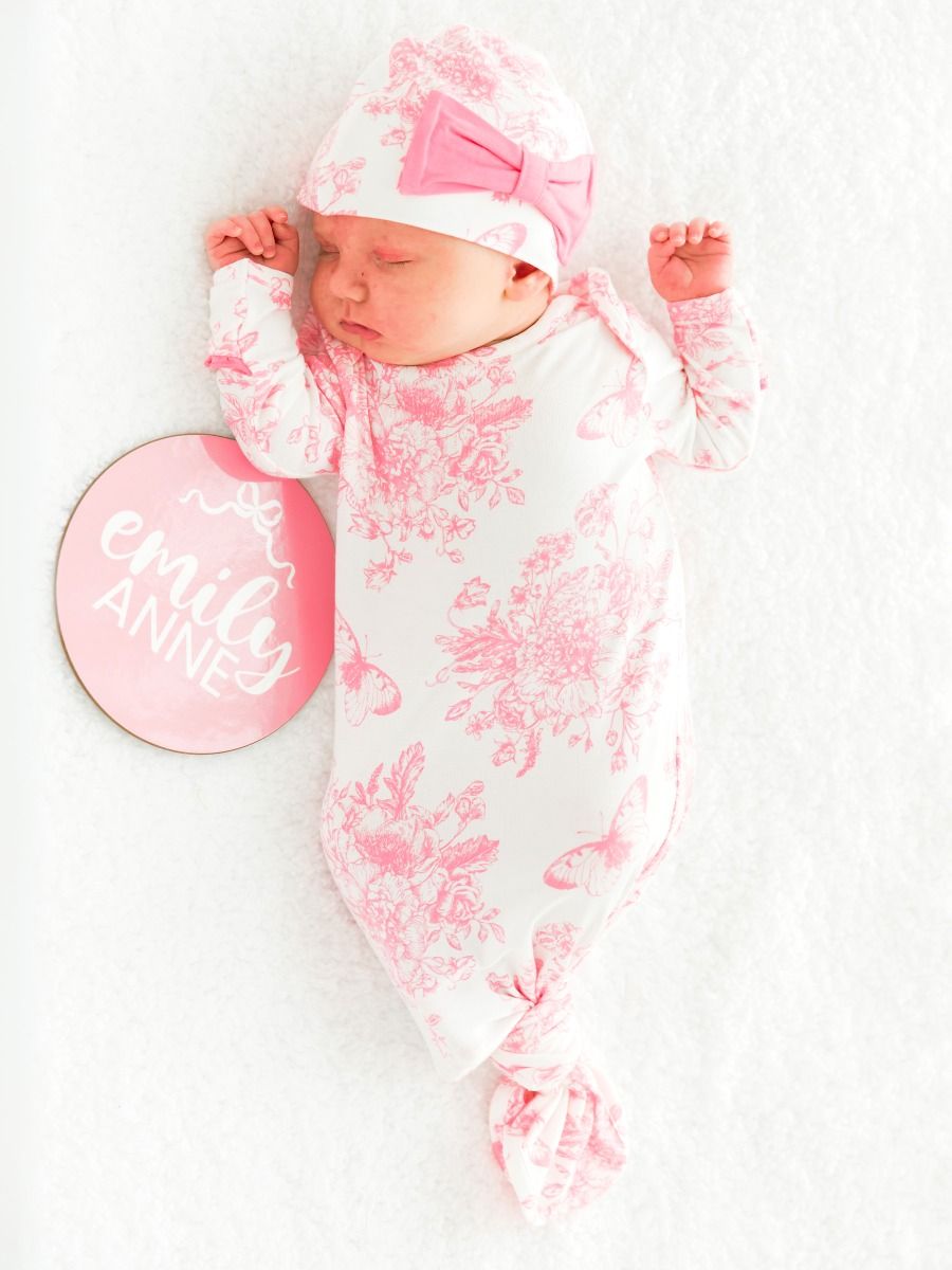 Pink Butterfly Toile Knotted Gown & Hat
