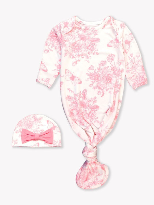 Pink Butterfly Toile Knotted Gown & Hat