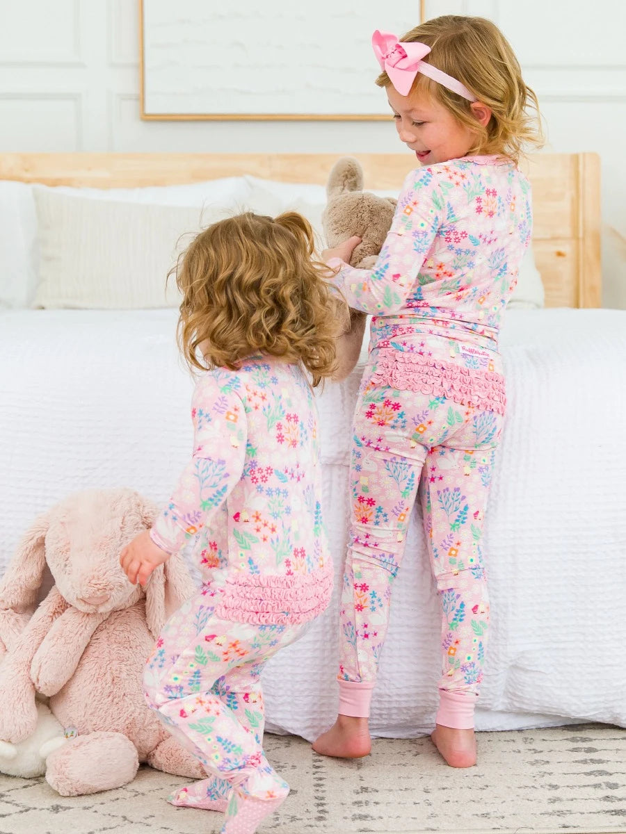 Ruffle Long Sleeve Pajama Set in Bunny and Friends - Doodlebug's Children's Boutique