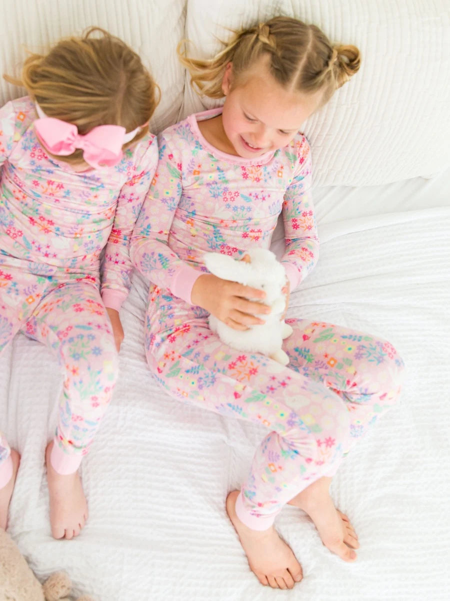 Ruffle Long Sleeve Pajama Set in Bunny and Friends - Doodlebug's Children's Boutique