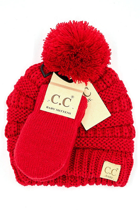 Red Ribbed Baby Pom Beanie and Mittens Set - Doodlebug's Children's Boutique