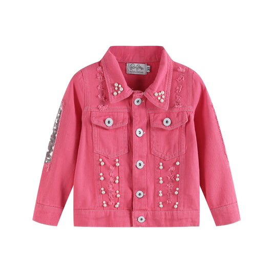 Pink Denim Butterfly Sequin & Pearl Jacket  - Doodlebug's Children's Boutique