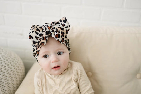 Velvet Turban with Bow in Cheetah  - Doodlebug's Children's Boutique