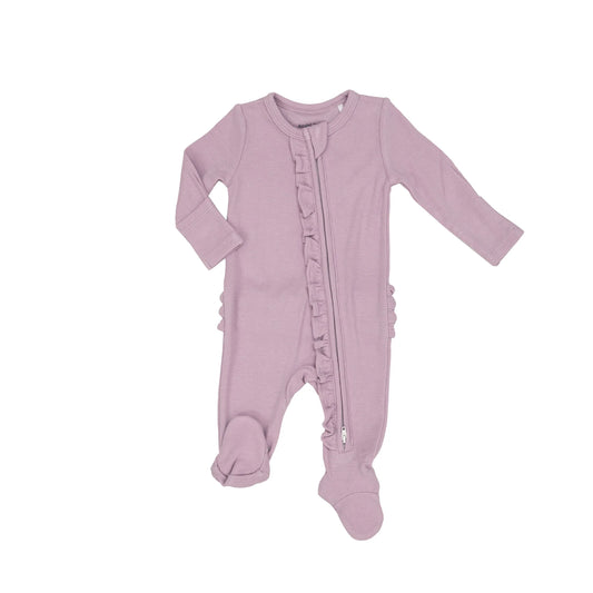 2 Way Ruffle Back Zipper Footie in Rib Dusty Lavender  - Doodlebug's Children's Boutique