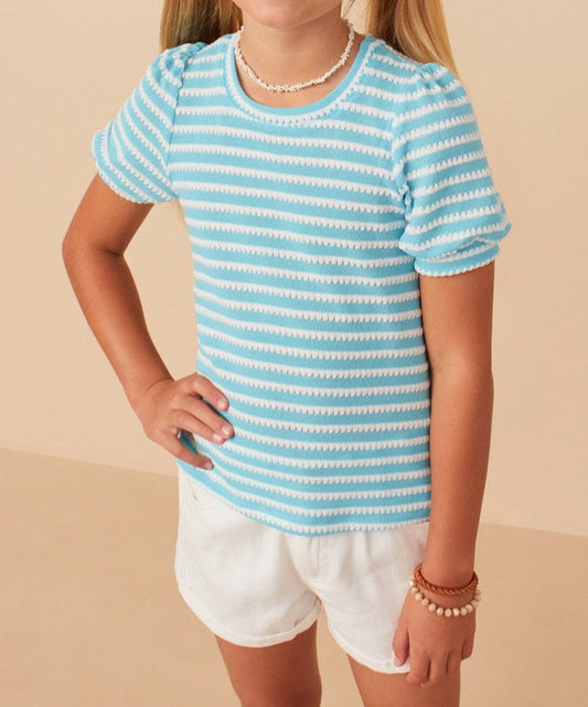 Textured Stripe Puff Sleeve Knit Top in Blue  - Doodlebug's Children's Boutique