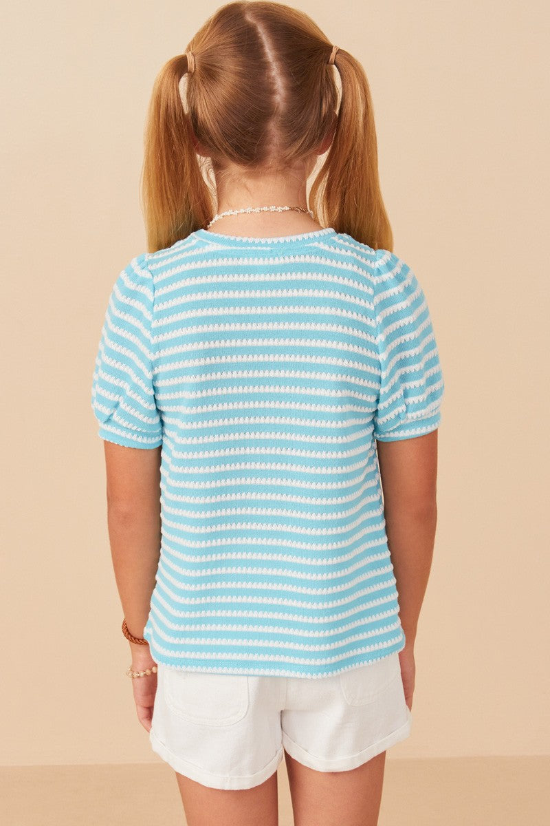 Textured Stripe Puff Sleeve Knit Top in Blue  - Doodlebug's Children's Boutique