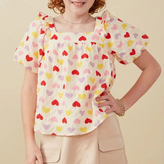 Heart Print Puff Sleeve Textured Top  - Doodlebug's Children's Boutique