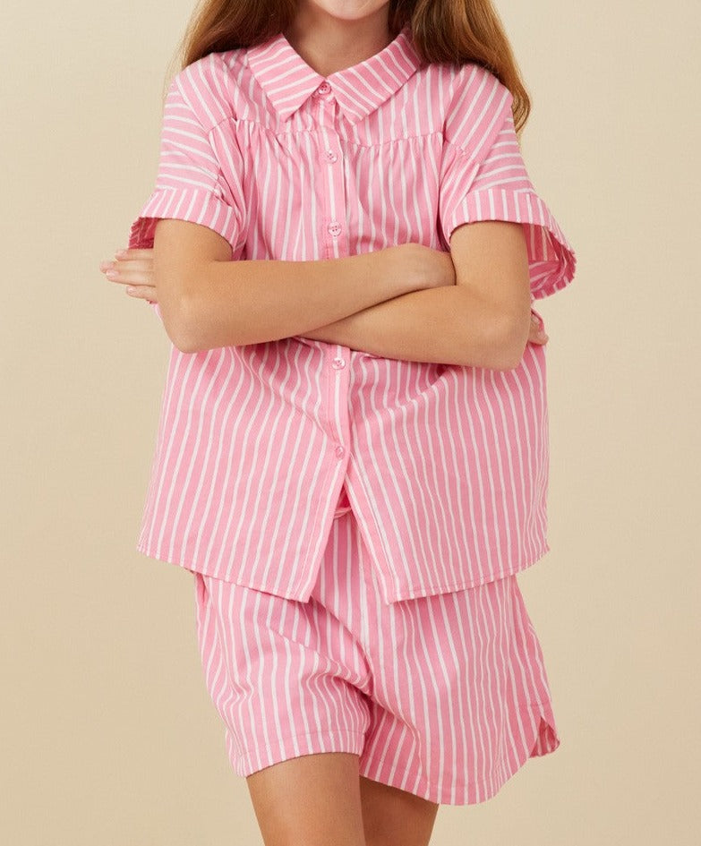 Striped Dolman Button Top in Pink  - Doodlebug's Children's Boutique