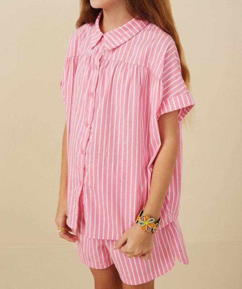 Striped Dolman Button Top in Pink  - Doodlebug's Children's Boutique