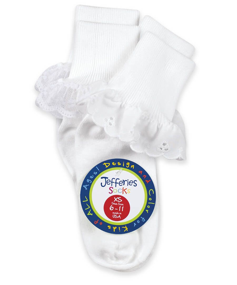 Eyelet Lace & Fancy Lace 2 Pair Pack Socks in White - Doodlebug's Children's Boutique