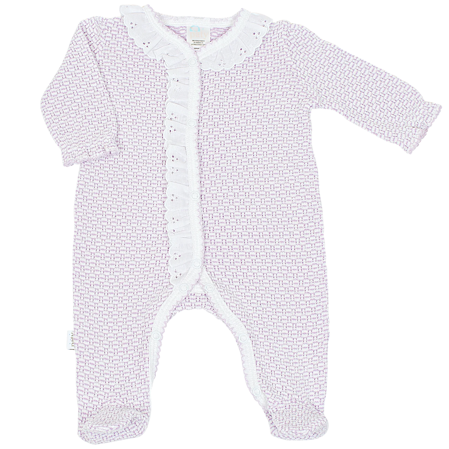 Striped Footie with Eyelet Ruffles in Lavender - Doodlebug's Children's Boutique