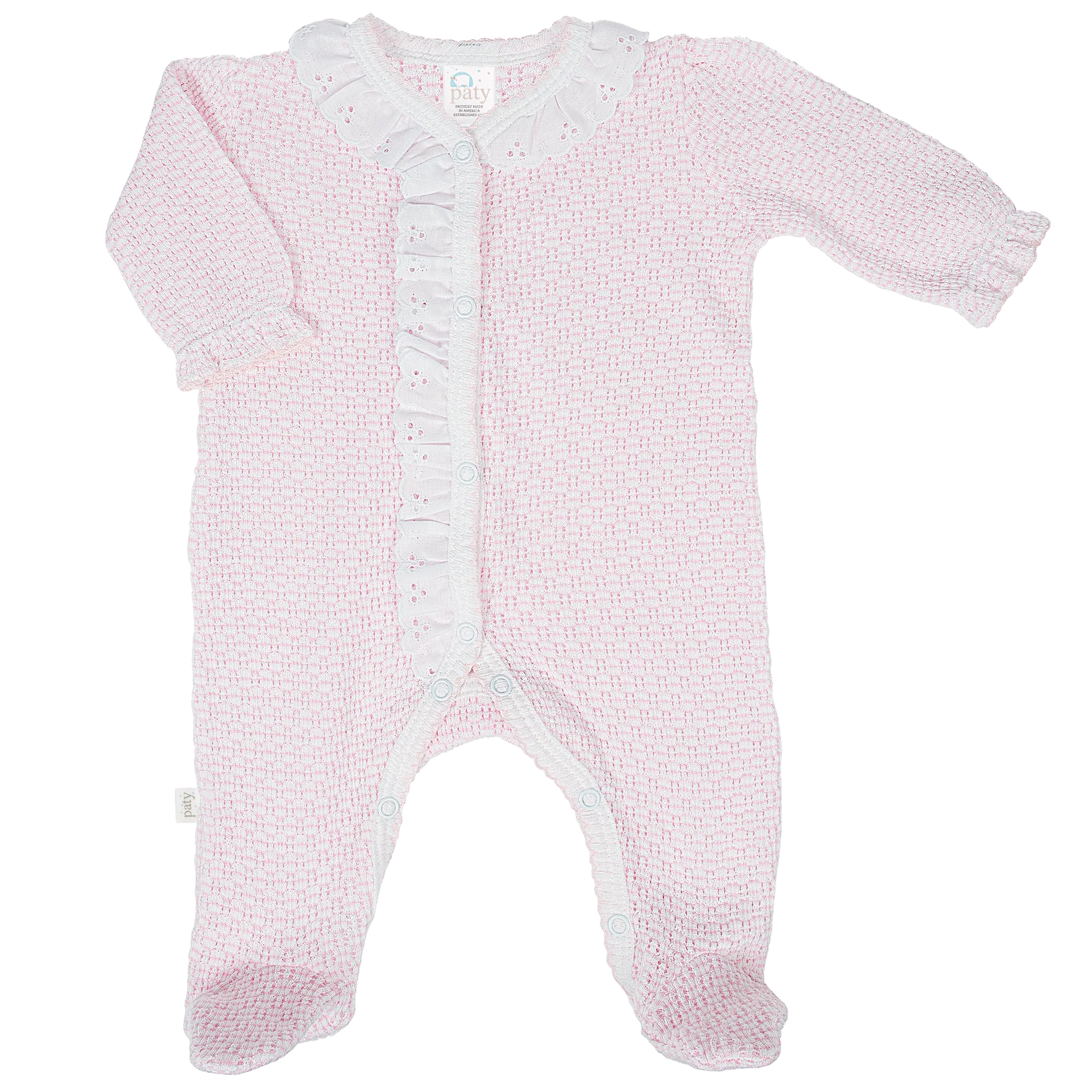 Striped Footie with Eyelet Ruffles in Pink - Doodlebug's Children's Boutique