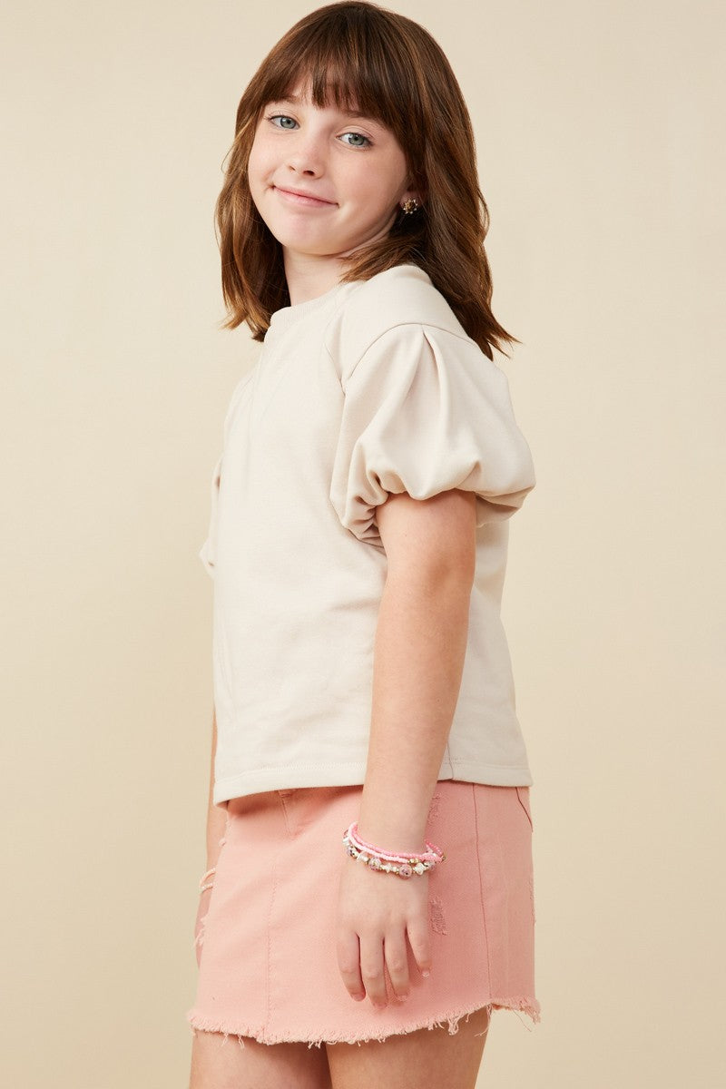 Beige Pleated Puff Sleeve Top - Doodlebug's Children's Boutique