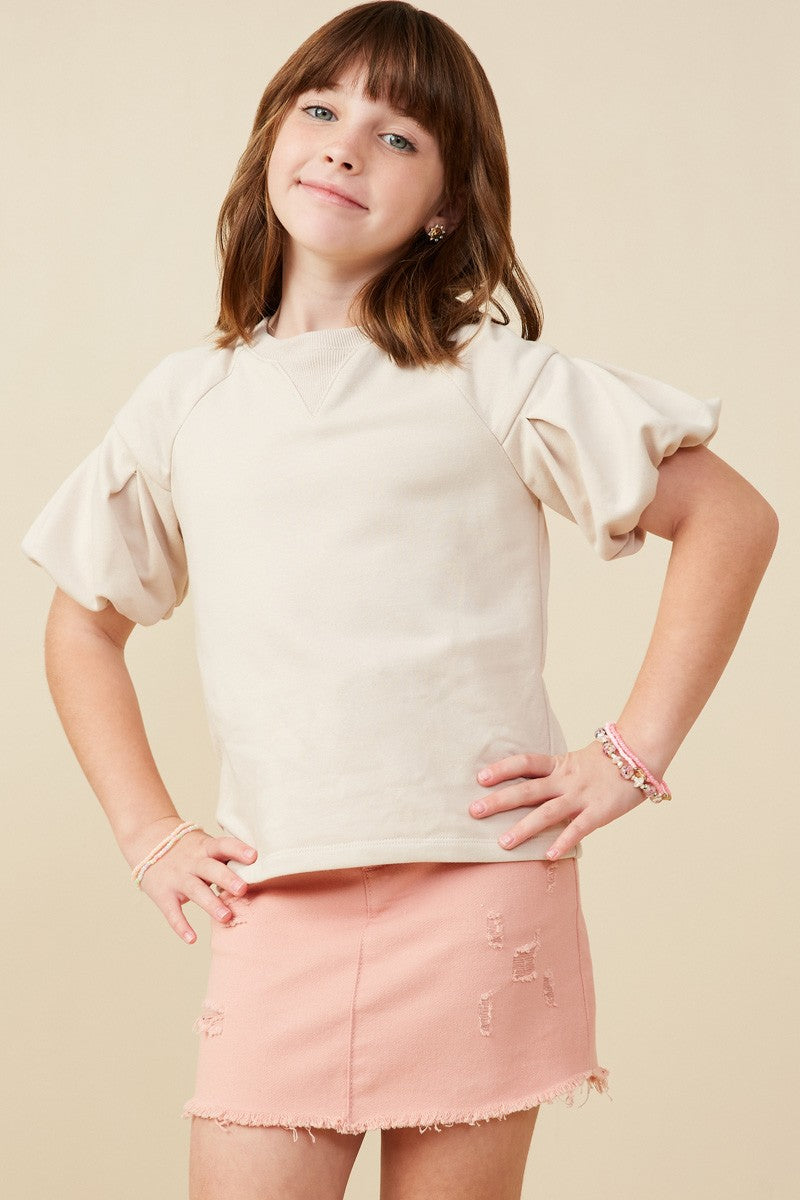 Beige Pleated Puff Sleeve Top - Doodlebug's Children's Boutique