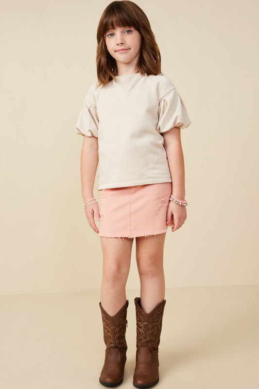 Beige Pleated Puff Sleeve Top - Doodlebug's Children's Boutique