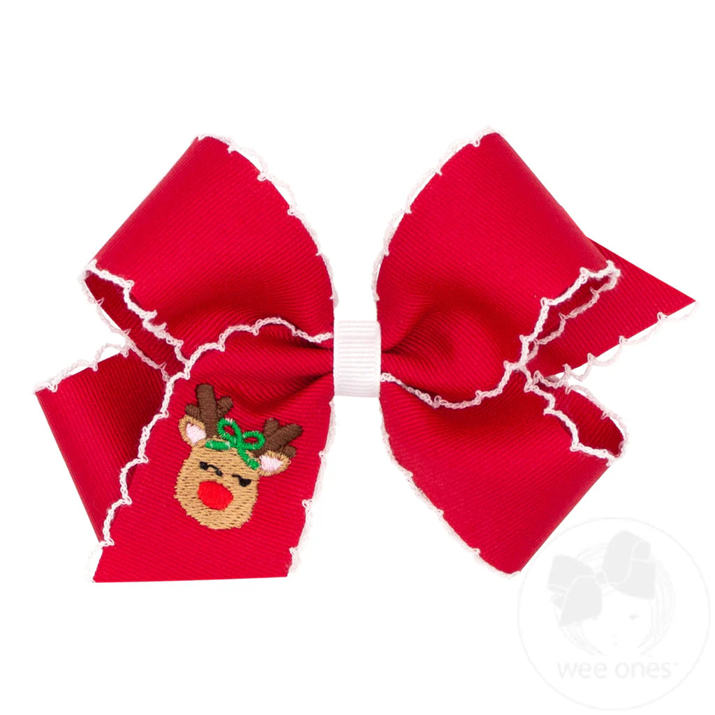 Red Reindeer Moonstitch Medium Bow - Doodlebug's Children's Boutique