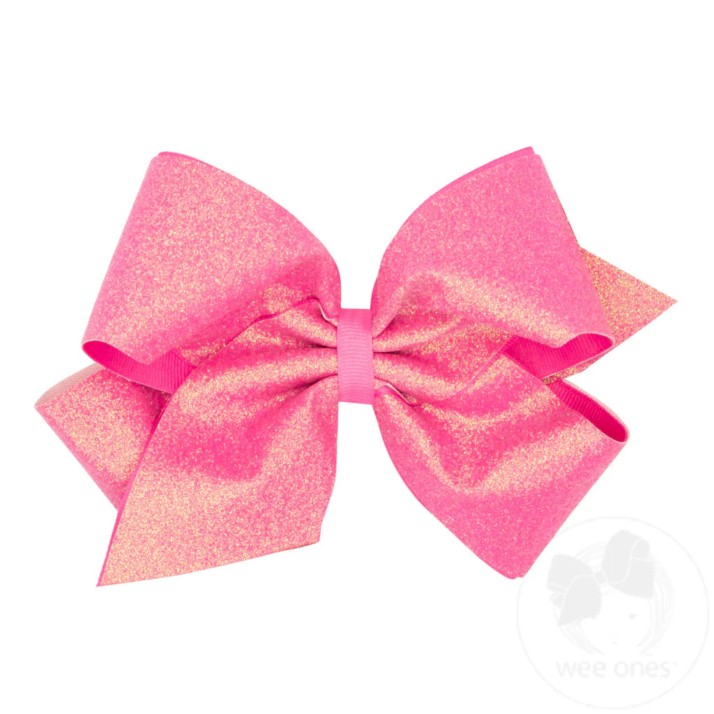 Glitter Vinyl with Grosgrain Underlay King Bow in Hot Pink - Doodlebug's Children's Boutique