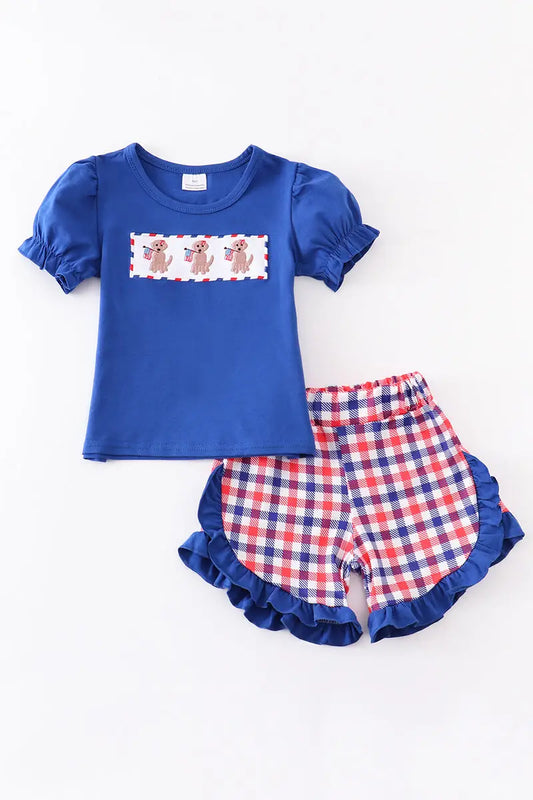 Navy Three Dogs Patriotic Embroidery Girl Short Set  - Doodlebug's Children's Boutique