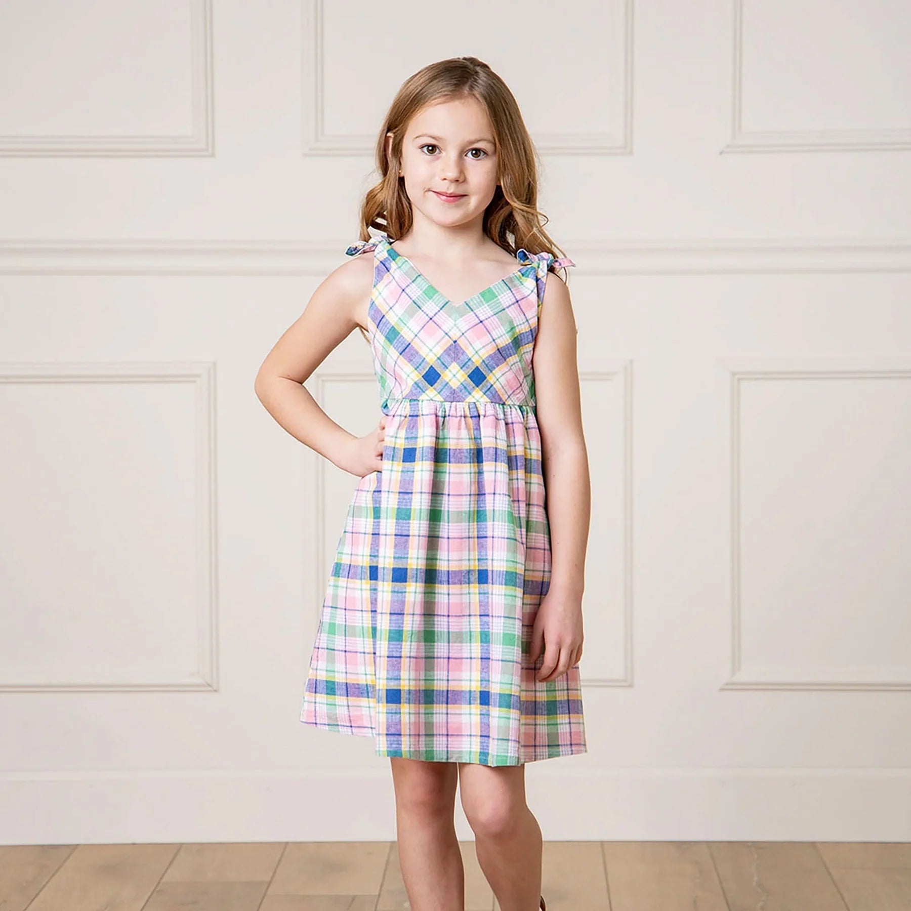 Flower Show Plaid Bow Shoulder Swing Dress - Doodlebug's Children's Boutique