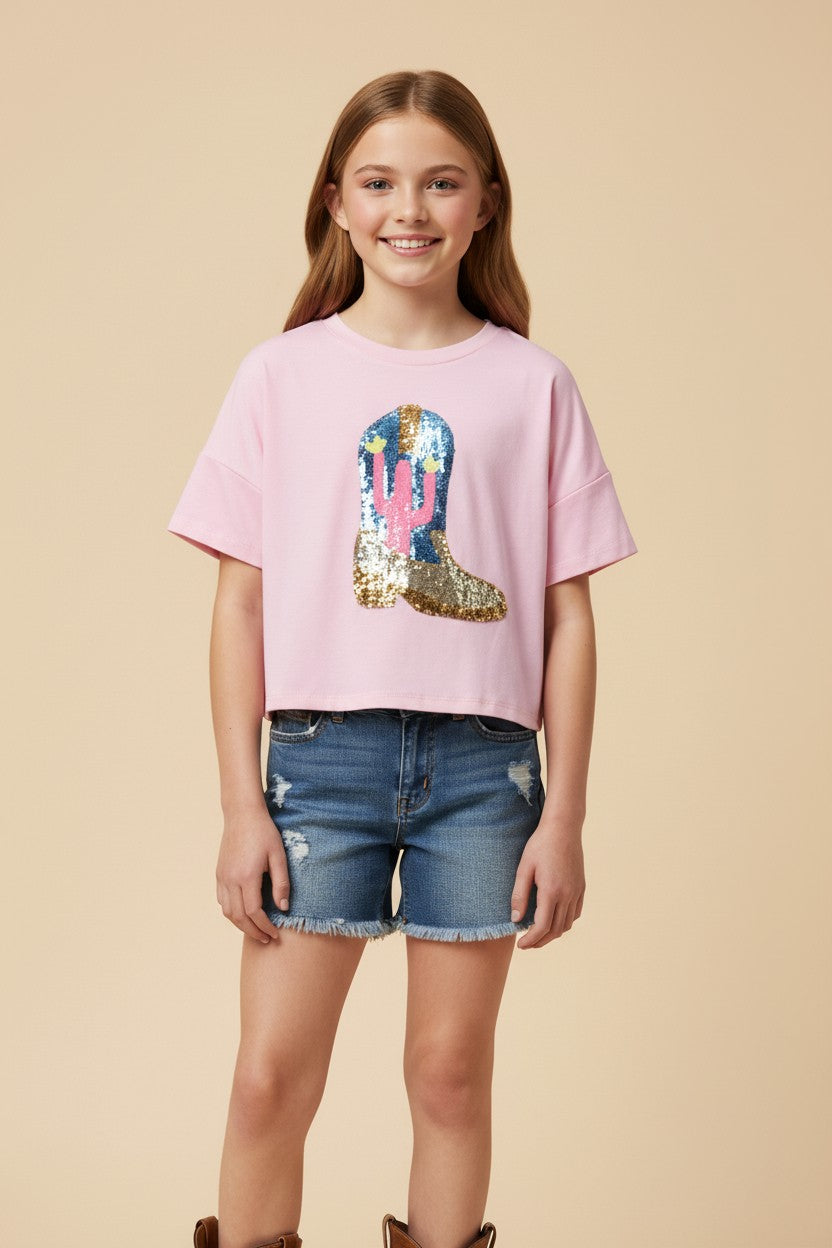 Sequined Cactus Boots Shirt - Doodlebug's Children's Boutique