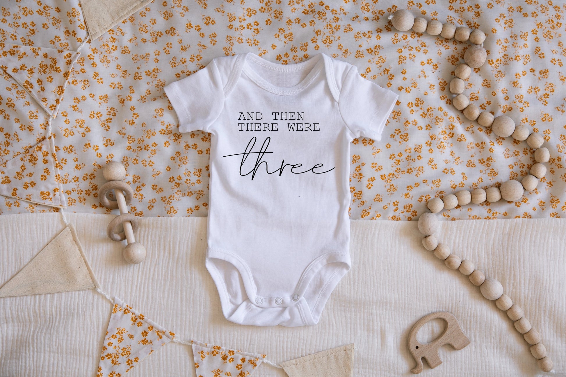 And Then There Were Three Pregnancy Announcement Onesie - Doodlebug's Children's Boutique