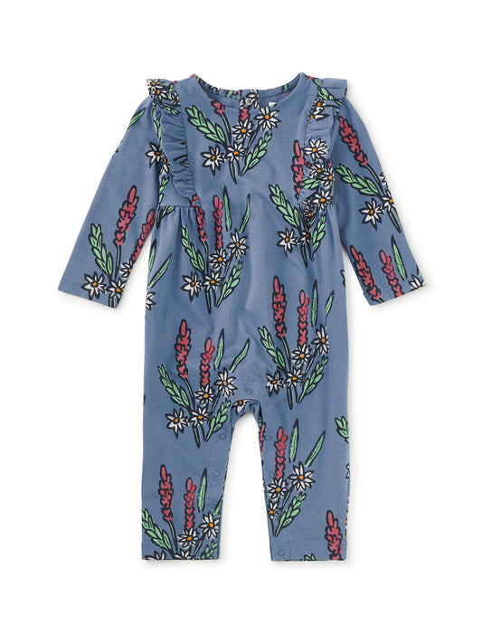 Ruffle Shoulder Romper in Block Print Floral - Doodlebug's Children's Boutique