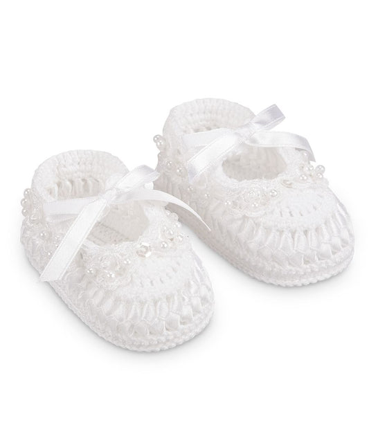 Pearl & Ribbon Crochet Bootie in White  - Doodlebug's Children's Boutique