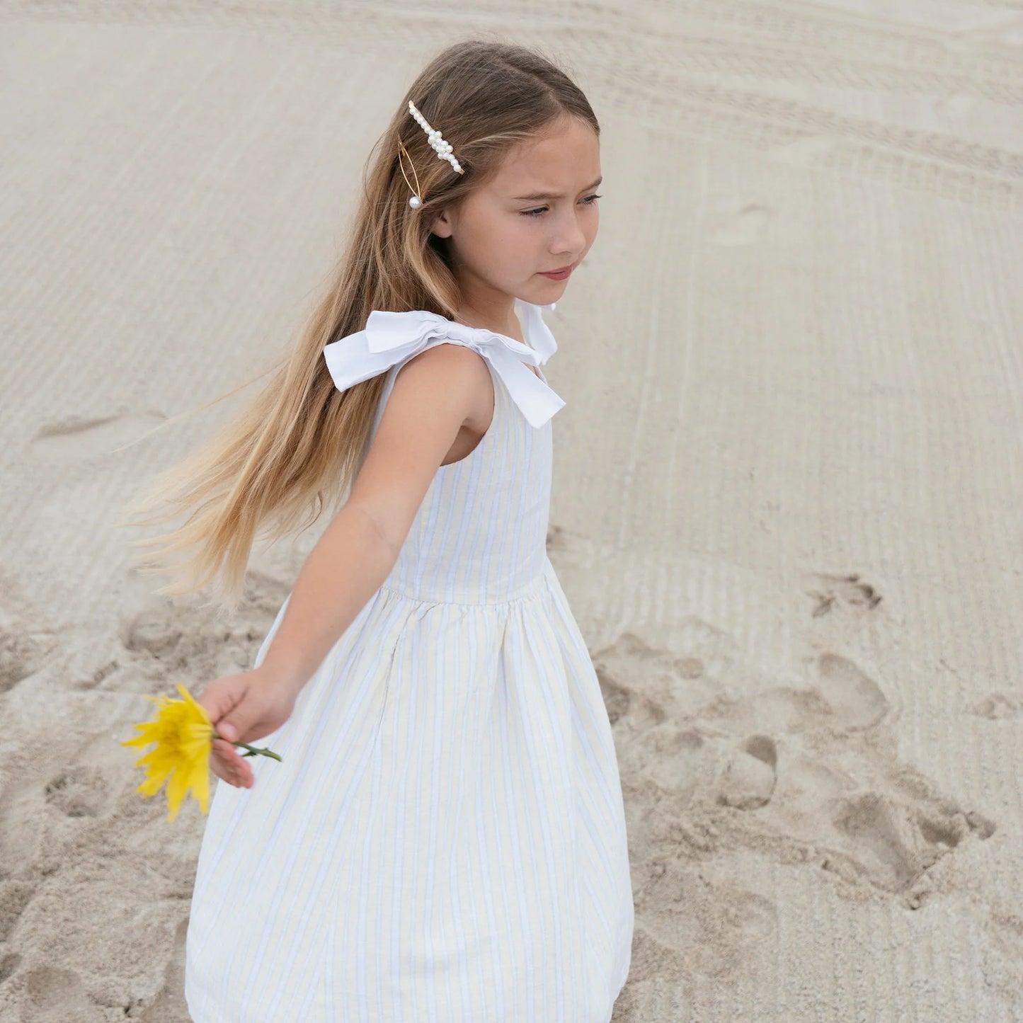 Sunlit Stripe Linen Bow Shoulder Dress - Doodlebug's Children's Boutique