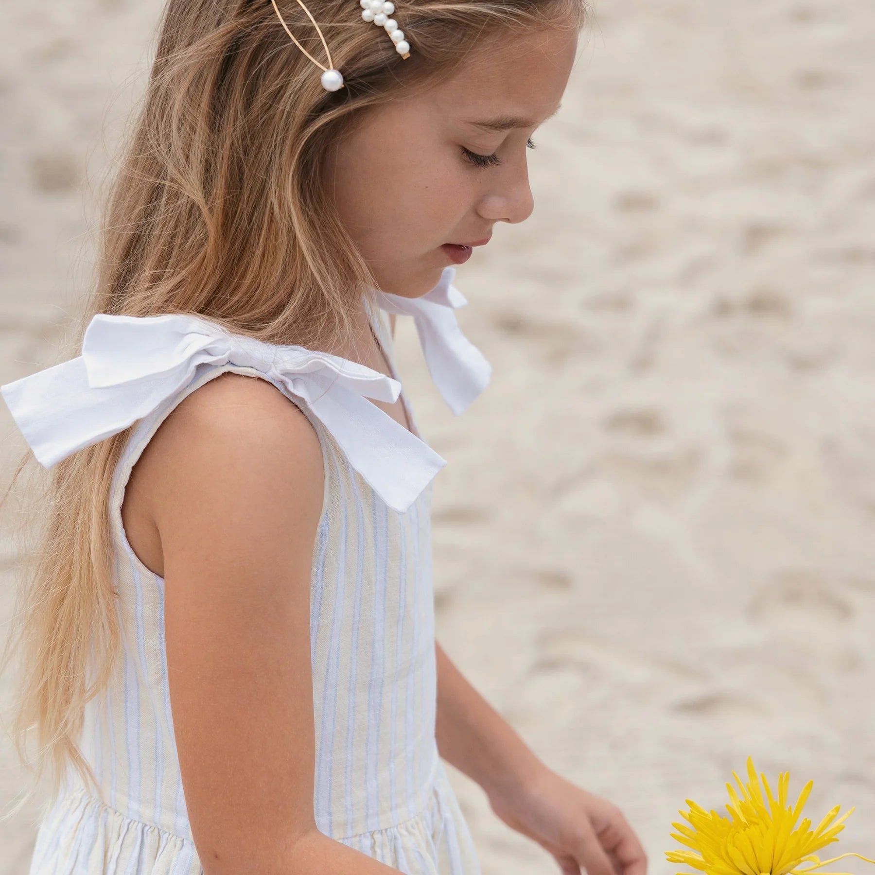 Sunlit Stripe Linen Bow Shoulder Dress - Doodlebug's Children's Boutique