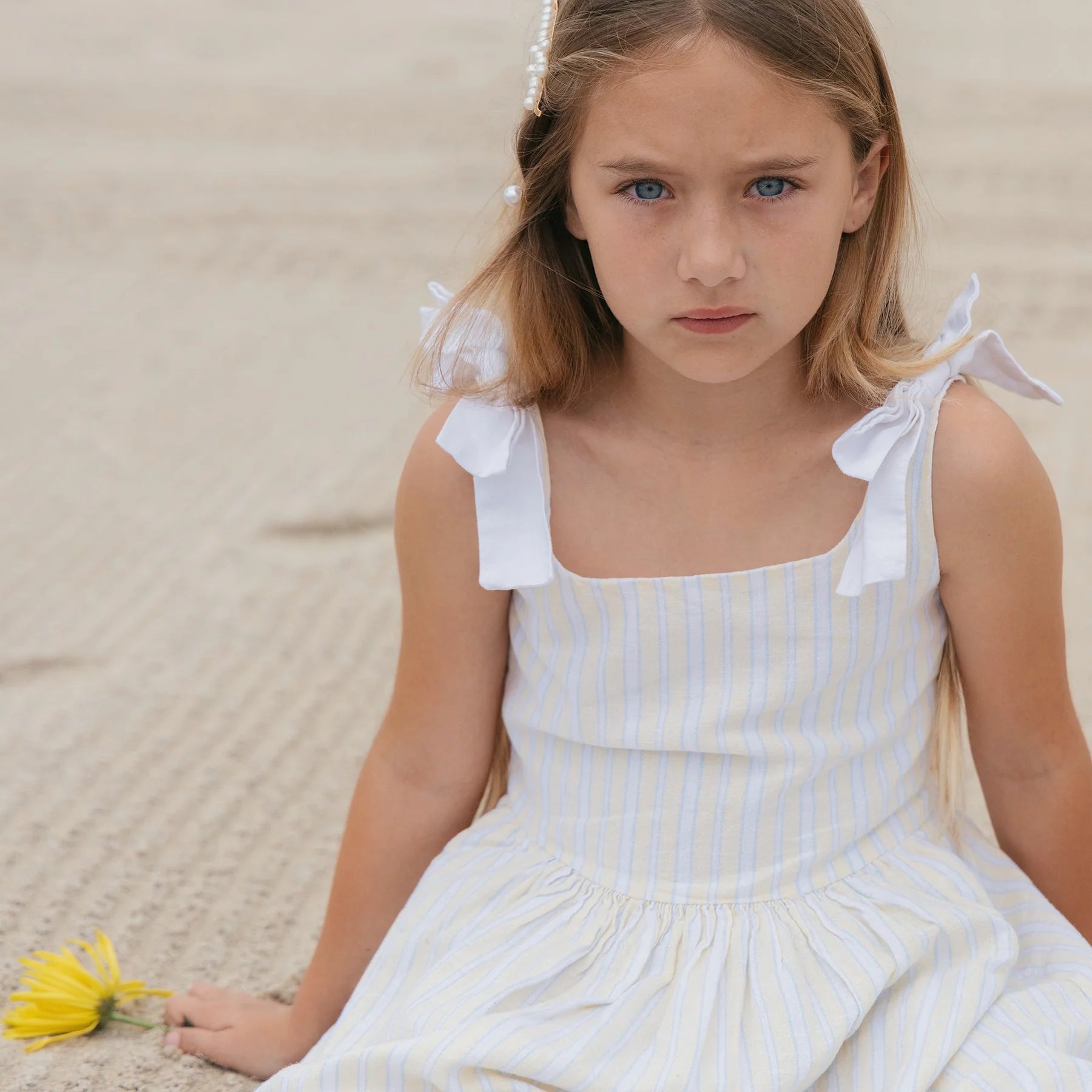 Sunlit Stripe Linen Bow Shoulder Dress - Doodlebug's Children's Boutique