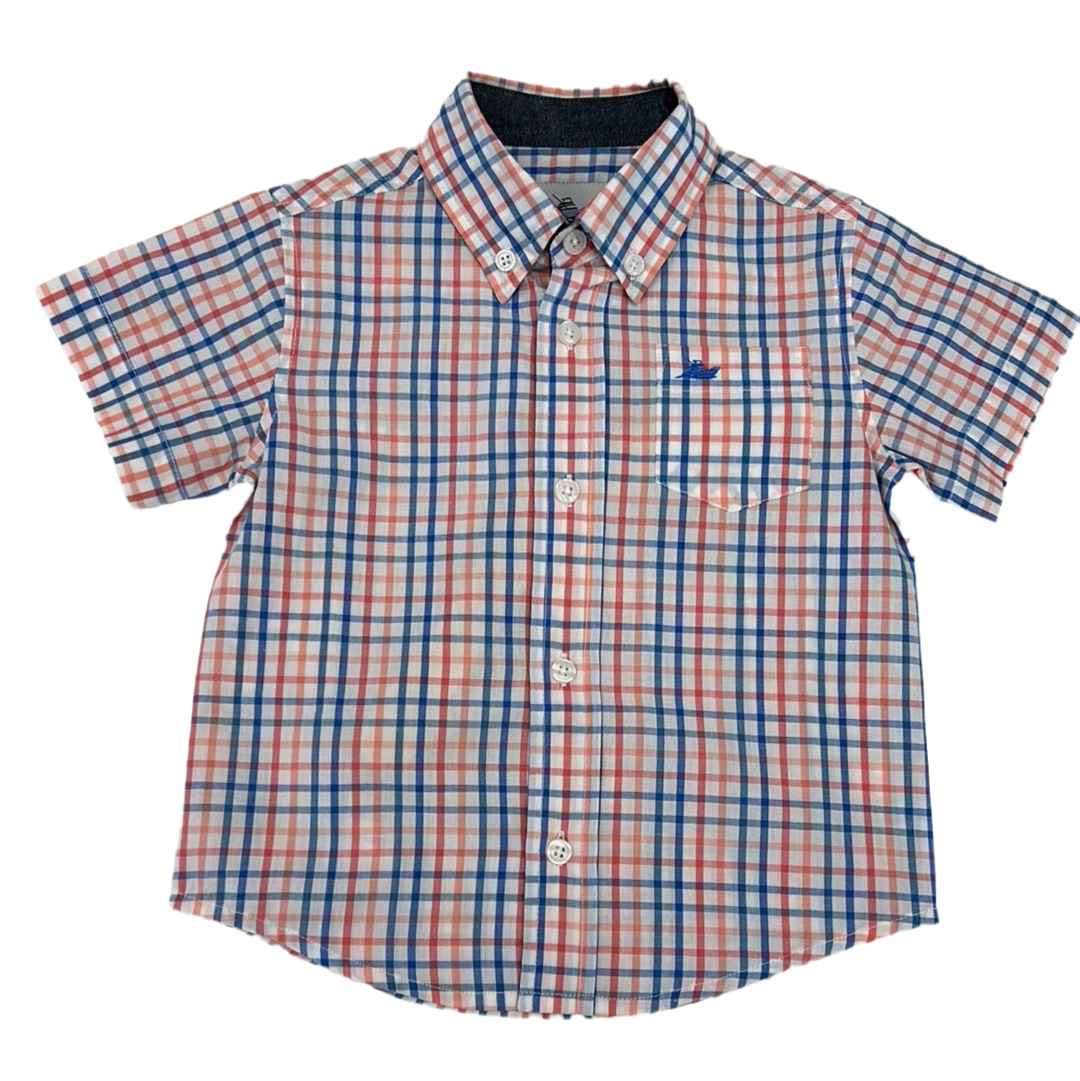 Destin Dress Shirt in Regatta Blue and Coral  - Doodlebug's Children's Boutique