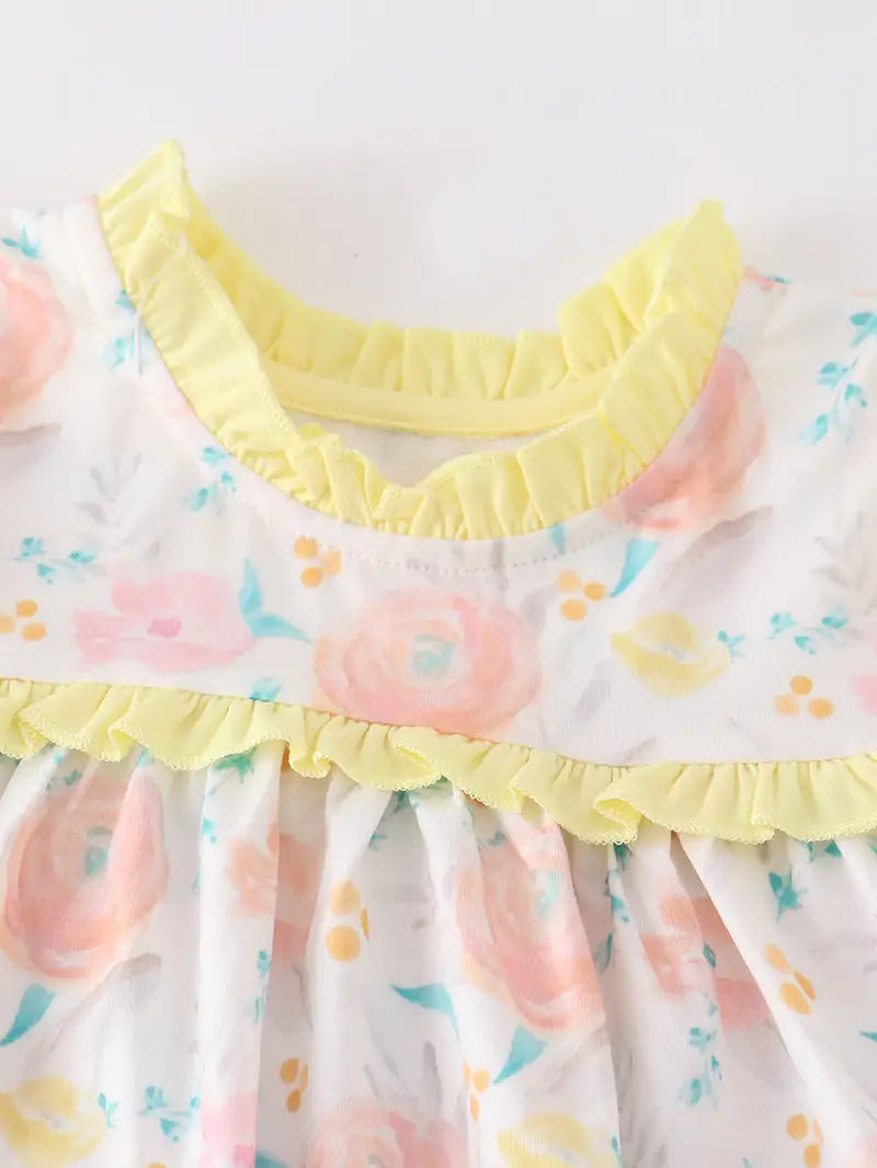 Yellow Floral Print Pocket Ruffle Girl Set  - Doodlebug's Children's Boutique