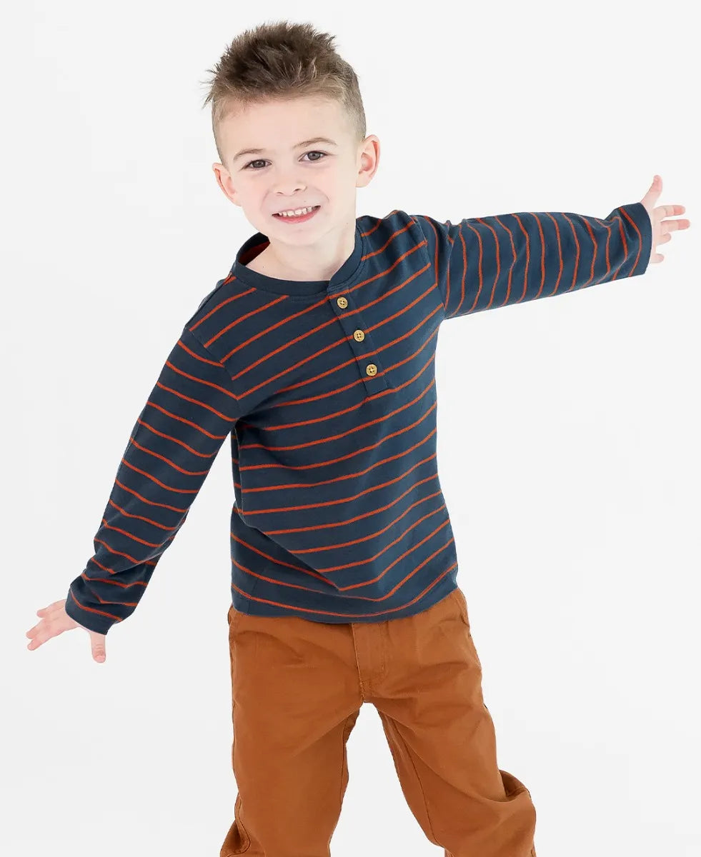 Navy and Rust Long Sleeve Henley Tee  - Doodlebug's Children's Boutique