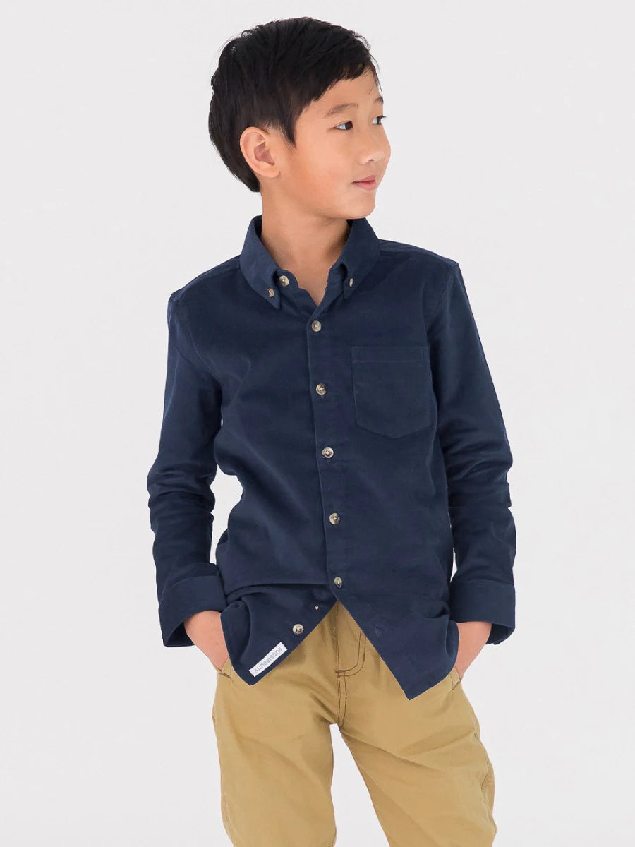 Dark Navy Stretch Corduroy Long Sleeve Button Down Shirt  - Doodlebug's Children's Boutique