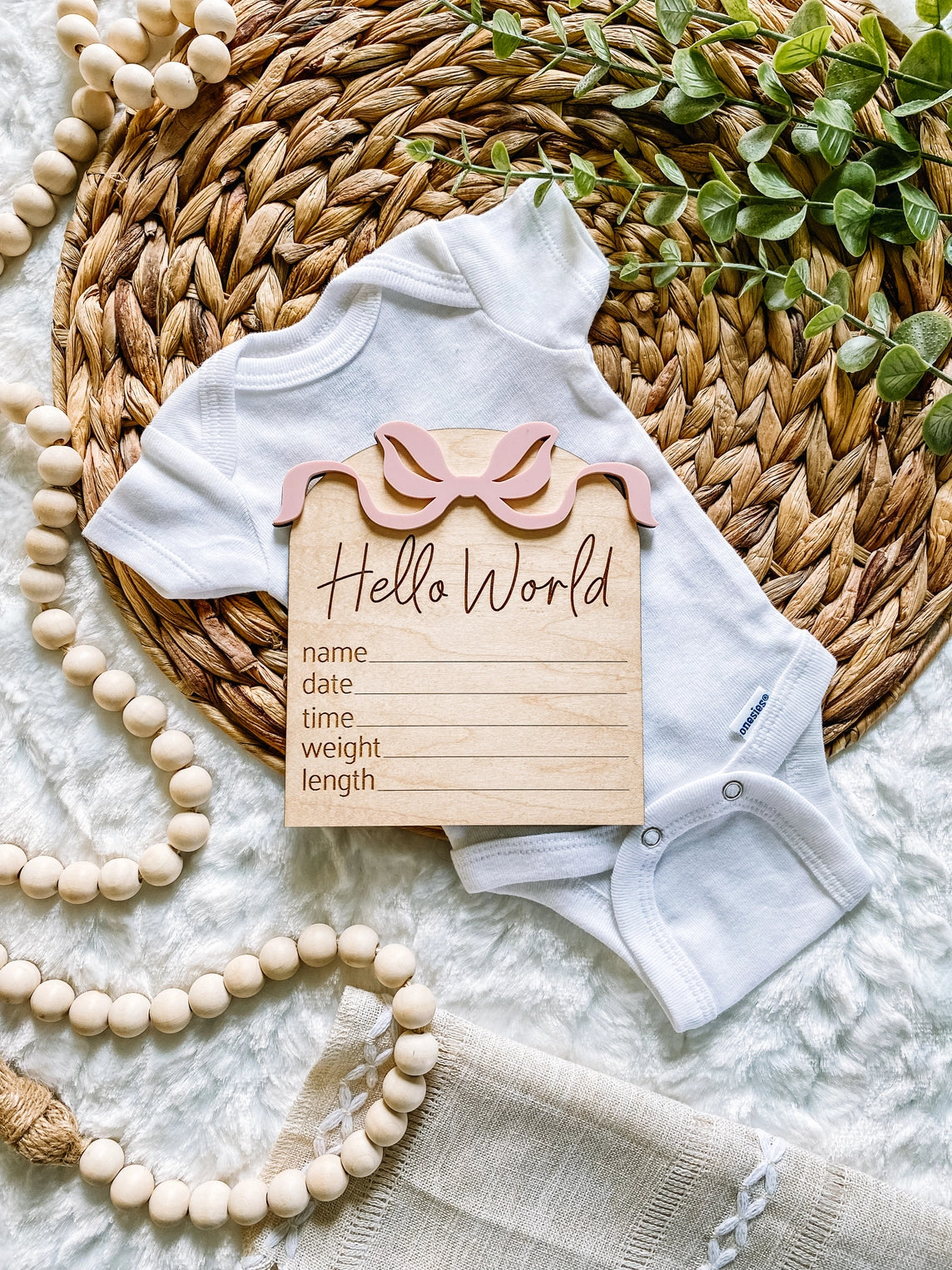 Rose Bow Hello World Wood Stat Plaque - Doodlebug's Children's Boutique