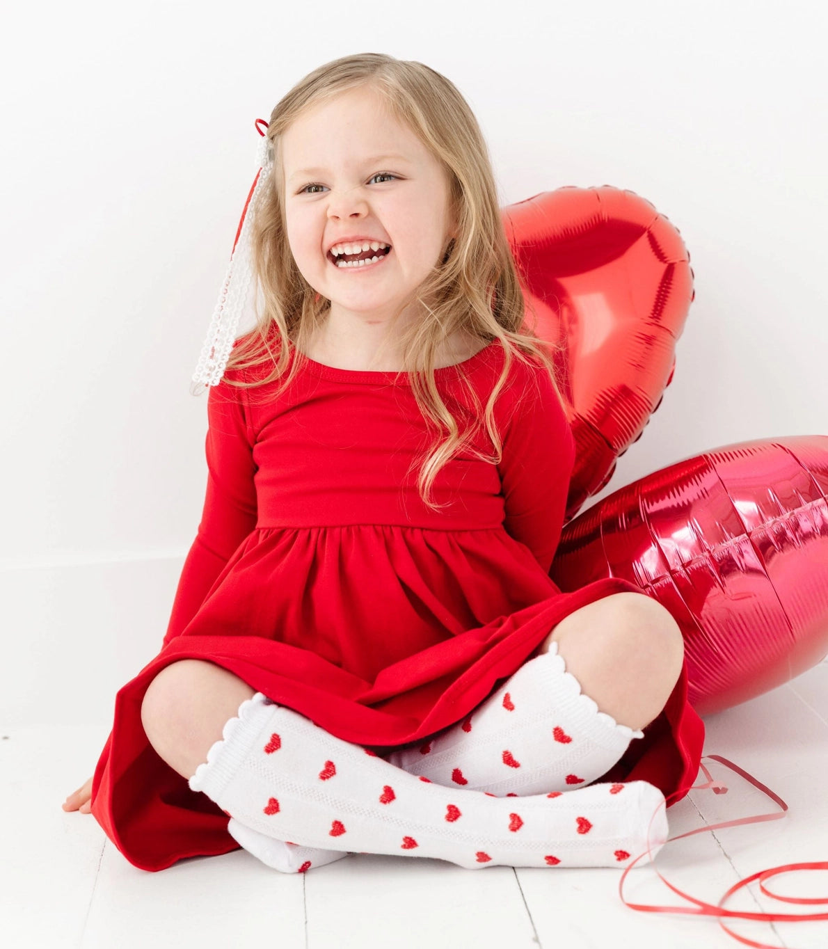 Scalloped Knee High Socks in Hearts - Doodlebug's Children's Boutique