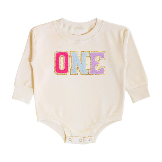 First Birthday Patch Long Sleeve Romper  - Doodlebug's Children's Boutique