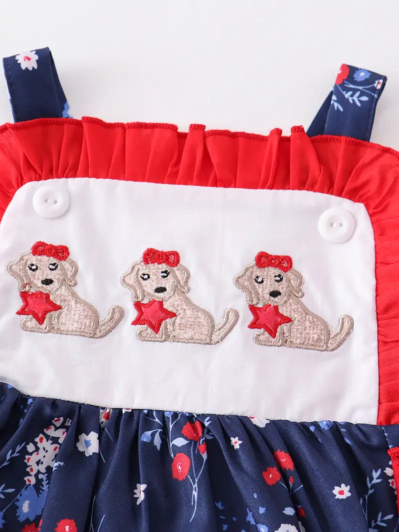Navy Floral Star Dog Applique Baby Romper  - Doodlebug's Children's Boutique
