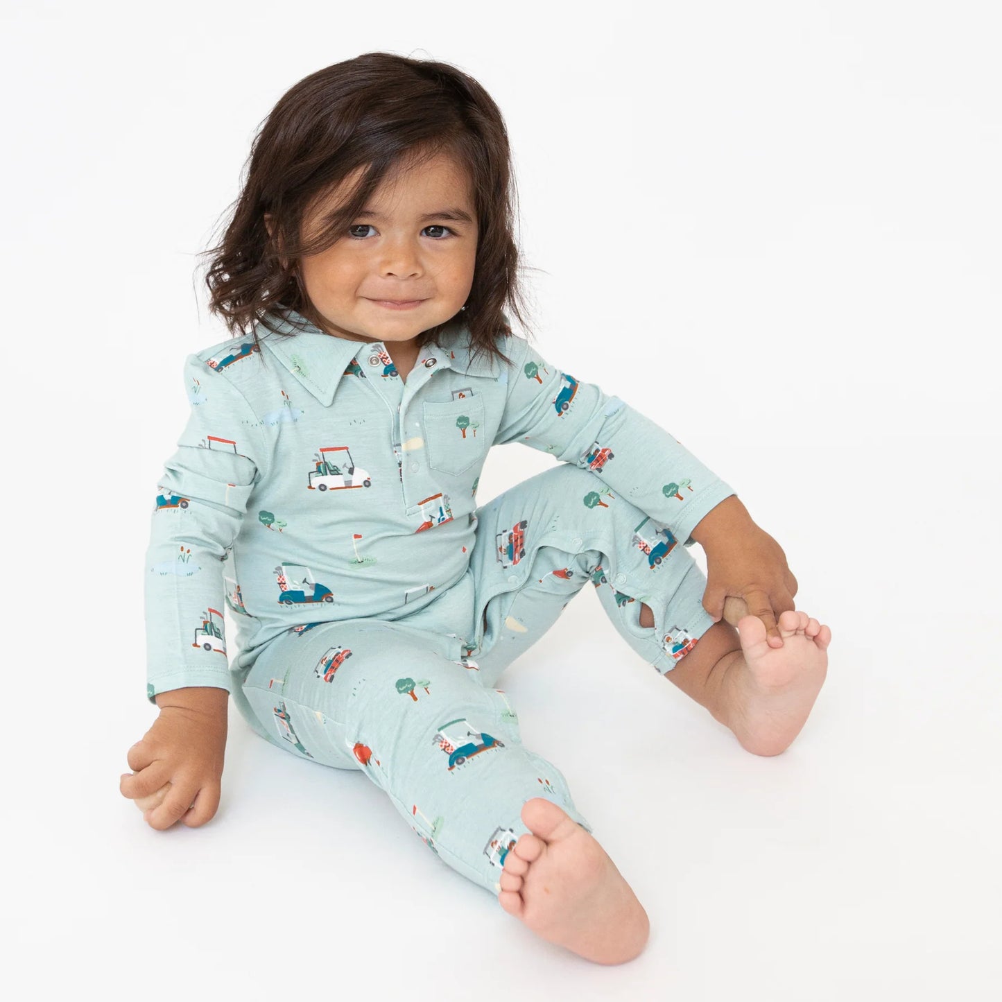 Polo Romper in Golf Carts  - Doodlebug's Children's Boutique