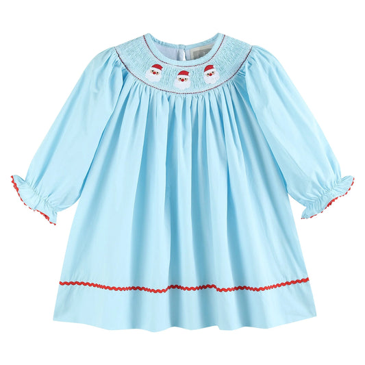 Blue Poplin Santa Smocked Bishop Dress  - Doodlebug's Children's Boutique
